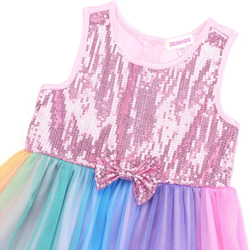 Vista 4 de JESKIDS Vestido de fiesta de lentejuelas brillantes para niñas, vestido de tul con volantes para niños, 4-13 años
