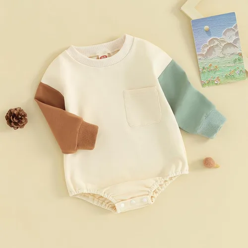 Vista 30 de Mameluco de manga larga con bloques de color para bebé, niño, niña, con bolsillo, cuello redondo, sudadera básica para otoño e invierno