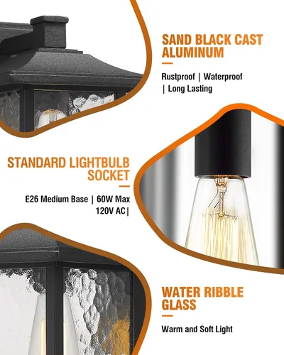 Vista 4 de Beionxii A272W-1PK - Lámpara de pared exterior de 14 pulgadas para el patio de la casa, aluminio fundido negro con cristal de agua