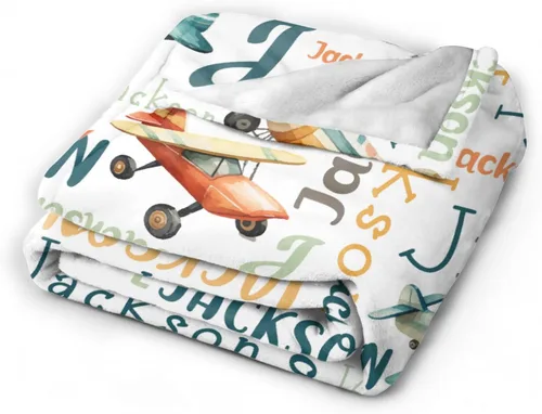Vista 4 de Manta de avión con nombre personalizado, regalo de avión para niños, manta de avión con nombre personalizado para bebés, manta de franela suave