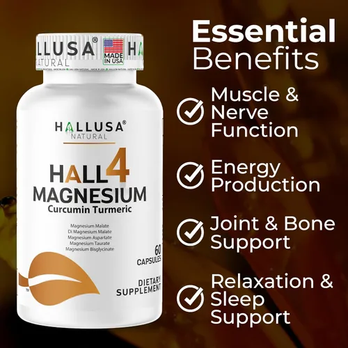 Vista 6 de HALL4 Magnesio 60 cápsulas – 4 complejos de magnesio malato, aspartato, taurato, bisglicinato y curcumina cúrcuma – energía, función muscular, salud