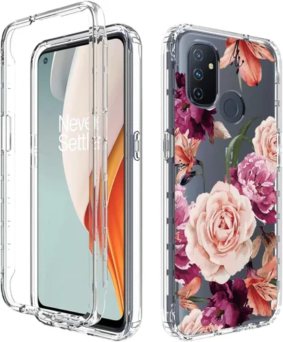 Vista 6 de Funda para OnePlus Nord N100 BE2013 con protector de pantalla de vidrio templado, lindo patrón floral transparente de cuerpo completo protector