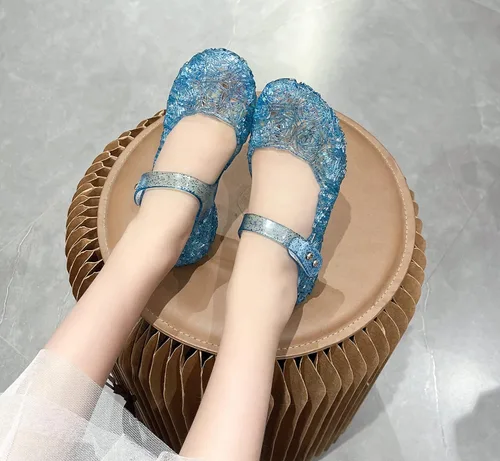 Vista 3 de Zapatos de gelatina para niñas, sandalias de cumpleaños de princesa Snow Queen para niñas pequeñas, sandalias azules con purpurina talla 9
