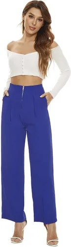 Vista 5 de FUNYYZO Women Pleated Zipper Front Pants Ruffle Edge Waisted Casual Long Straight Trousers for Summer
