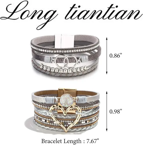 Vista 7 de Long tiantian Pulseras de cuero boho para mujer, lindas pulseras apilables de verano con corazón para mujer, regalos de moda 2024