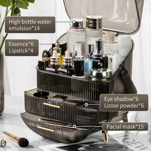 Vista 2 de CANITORON Organizador de maquillaje, organizador de cuidado de la piel de gran capacidad para tocador, organizador de cosméticos con 2 cajones