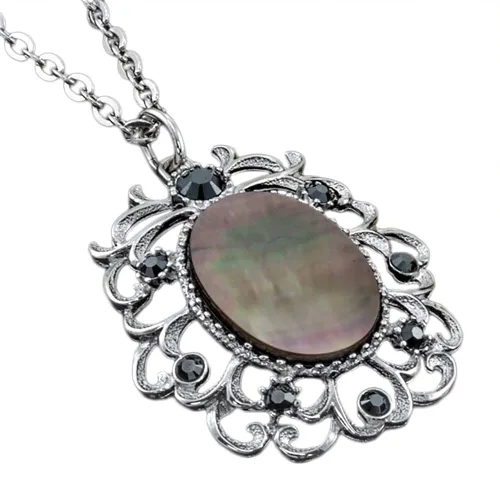 Vista 5 de KA-TAL' Collar con colgante vintage de nácar negro plateado chapado en rodio con cristales de hematita simulados con cadena de 16 pulgadas