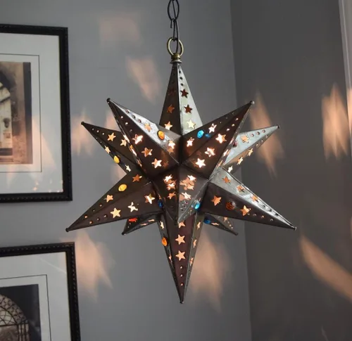 Vista 6 de Estrella de latón colgante de 12 pulgadas con diseño de estrella de Moravia - Estrella cortada con cuentas de mármol