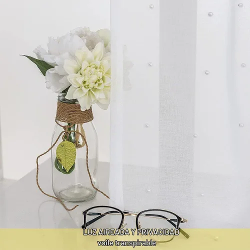 Vista 4 de Cortinas traslúcidas blancas de gasa con perlas blancas, paneles de tratamiento de ventanas, hermosas cortinas de gasa elegantes para sala de estar