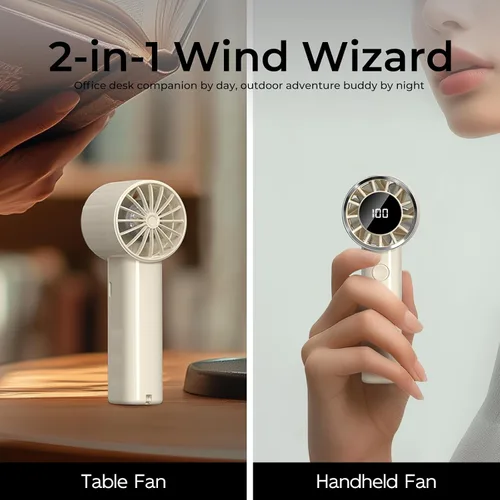 Vista 3 de Ventilador de mano portátil, mini ventilador personal ajustable de 100 velocidades, funciona con batería recargable USB-C de 3000 mAh, pantalla Beige