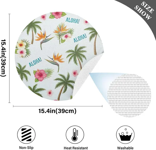 Vista 4 de Tropical Palm Hibiscus White Round Table Placemats, Heat Resistant Non Slip Washable Table Mats Set for Kitchen one sizex6