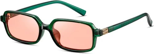 Vista 6 de Lentes de sol rectangulares polarizados retro para mujer, estilo vintage, a la moda, pequeños de los años 90 Verde transparente/rosa
