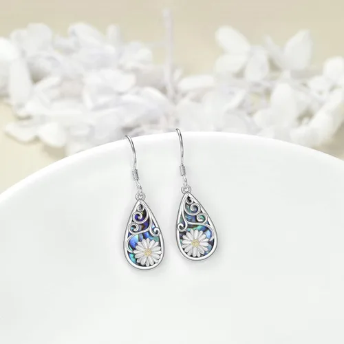 Vista 2 de CRMAD Aretes de colibríabejahojasgirasolmargaritalibélularosaflor de loto de plata esterlina filigrana lágrima aretes de concha de abulón para mujer