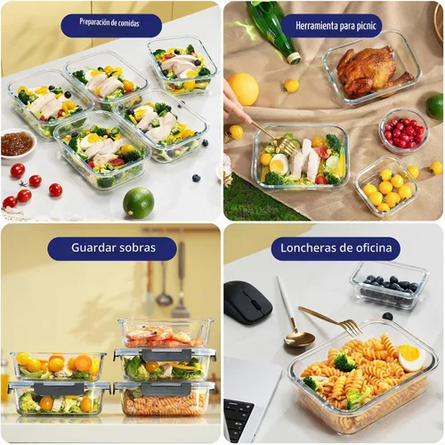 Vista 7 de MFY Paquete de 5 recipientes de almacenamiento de vidrio de 36 onzas con tapas, juego de 2 compartimentos para preparación de comidas, recipientes