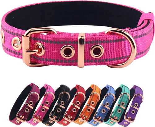 Vista 10 de Collar de Perro de Neopreno Acolchado, Collar de Nylon para Perros Pequeños a Grandes, Resistente con Hebilla de Metal, Reflectante (Pequeño, Negro)