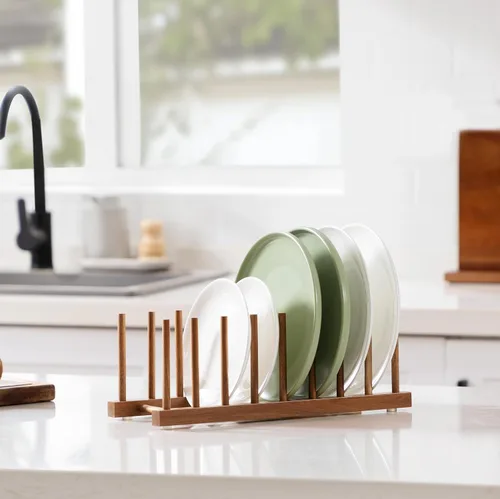 Vista 7 de HBlife - Escurreplatos de madera de acacia con organizador de tapa de olla y plato para gabinete, soporte de tabla de cortar, esculpidor
