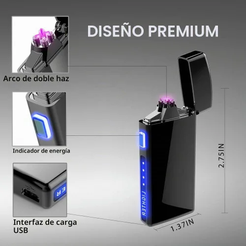 Vista 5 de Encendedor de plasma de doble arco con indicador de batería LED y caja, recargable, resistente al viento, encendedores eléctricos sin llama