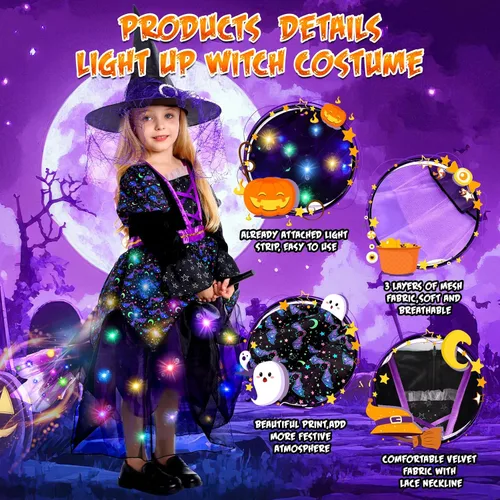 Vista 4 de VGOFUN Disfraz de bruja para niñas, disfraces de Halloween iluminados