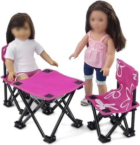 Vista 3 de Emily Rose Muñeca de 18 pulgadas, juego de 3 piezas de camping plegable, sillas y mesa rosa para exteriores con estuche de almacenamiento