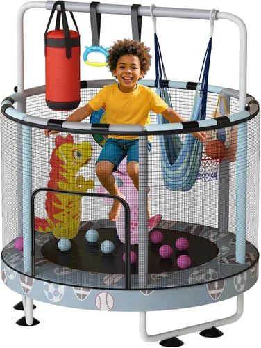 Vista 15 de LAMERGE Trampolín redondo 7 en 1 de 55 pulgadas para niños y niñas de 1 a 8 años, trampolín para interiores y exteriores para diversión, barandilla