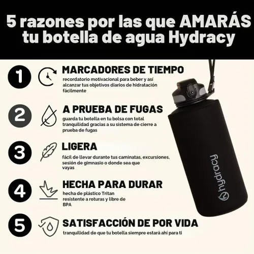 Vista 3 de Hydracy - Botella de agua grande de 2L, a prueba de roturas, de plástico Tritan sin BPA, a prueba de fugas, sin condensación, con correa de Gris