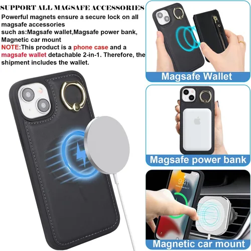 Vista 2 de para iPhone 14 Funda con soporte magnético Magsafe compatible, llavero de cuero PU plegable con soporte desmontable, funda tipo cartera 2-en-1