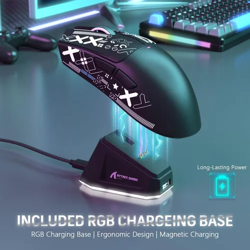 Vista 3 de MAGIC-REFINER Attack Shark X11 - Mouse inalámbrico para juegos superligero de 2.08 oz con cinta de agarre, base de carga RGB, BT/2.4G Negro