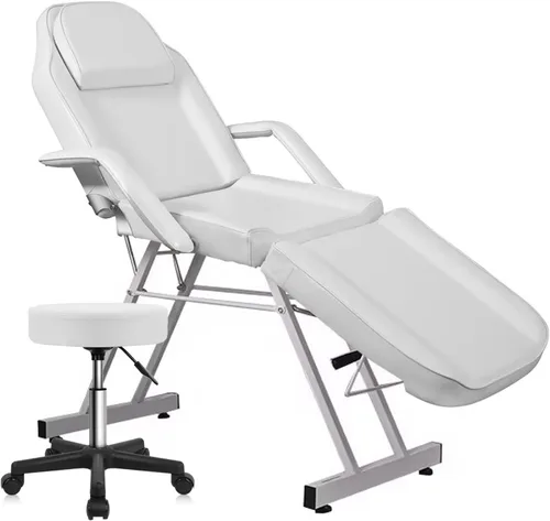 Vista 8 de Roixeeds Silla de tatuaje de 3 secciones, cama de masaje profesional ajustable, silla de cama de tatuaje con taburete de spa y gancho para toalla