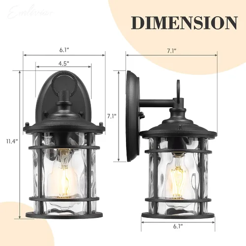 Vista 6 de Emliviar XE229BS BK-WG - Iluminación de pared para exteriores, 1 luz, luz de aluminio de 11.4 pulgadas con vidrio ondulado de agua, XE229BS BK-WG