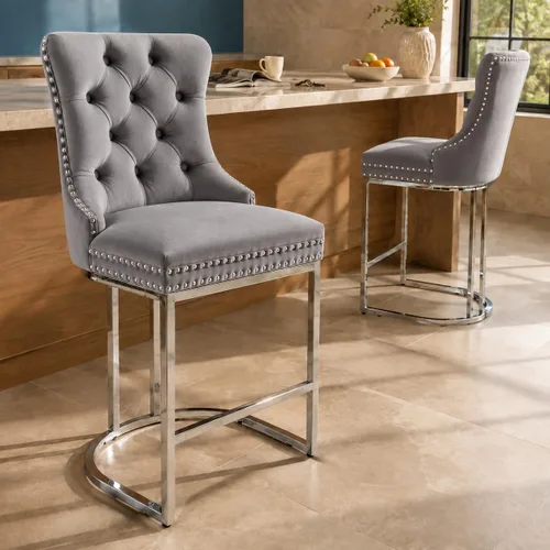 Vista 13 de Juego de 2 taburetes de bar de terciopelo beige con respaldo alto 1 beige.