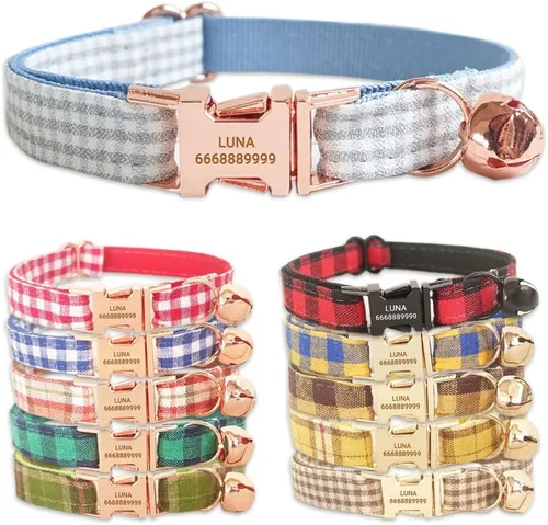 Vista 9 de PETDURO Collares de gato a cuadros personalizados hechos a mano con campana y hebilla de metal grabada con nombre personalizado para gatos lindos
