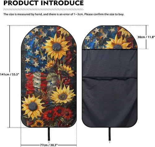 Vista 7 de Fundas de Asiento de Coche con Diseño de Sudadera de Girasol y Bandera Estadounidense para Coche, Camión, SUVs, Protector de Asiento Impermeable