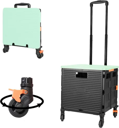 Vista 12 de Carrito plegable portátil con ruedas para compras, 4 ruedas giratorias con mango telescópico de plástico duradero y resistente, para viajes