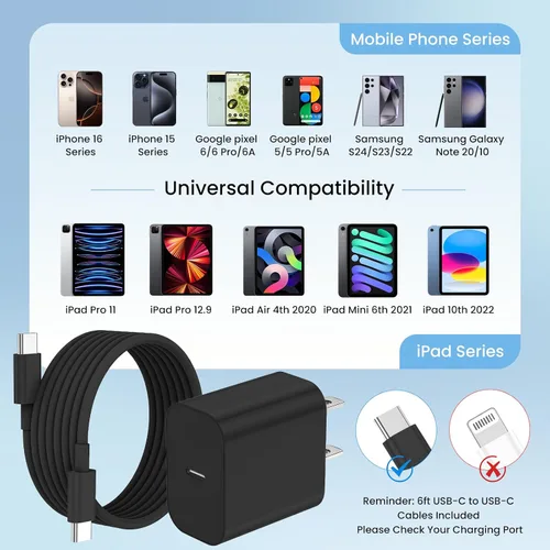 Vista 6 de 20W iPhone Charger Fast Charging 3-Pack with 6FT USB C to USB Cable, Black