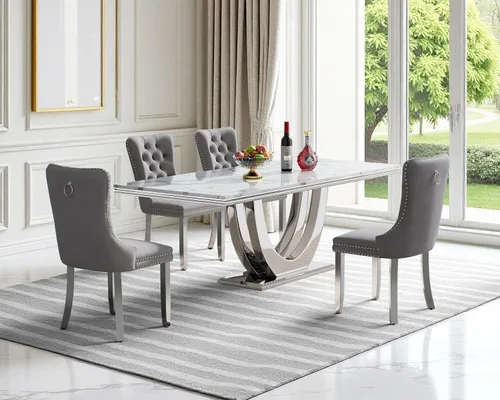 Vista 20 de SSLine Juego de mesa de comedor de mármol sintético blanco de 68 pulgadas