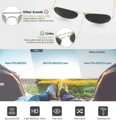 Vista 4 de livho Classic Polarized Aviator Sunglasses UV Mirrored Lens Metal Retro Shades
