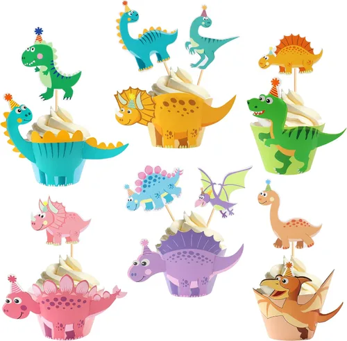 Vista 25 de Ercadio 40 piezas comestibles de dibujos animados de dinosaurios para cupcakes para bebida, decoración de tartas para temática de dinosaurios, baby