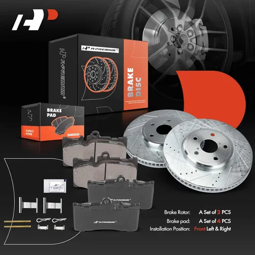 Vista 8 de A-Premium Juego de rotores de freno de disco perforados y ranurados delanteros + pastillas de cerámica compatible con modelos seleccionados de Lexus