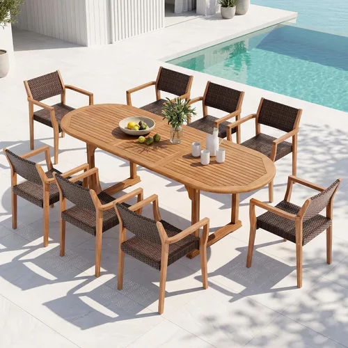 Vista 11 de PHI VILLA Juego de 2 sillas de madera de acacia para exteriores, sillones de comedor resistentes con respaldo y asiento de mimbre, muebles