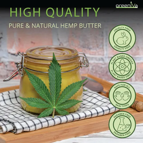 Vista 8 de GreenIVe Mantequilla corporal de cáñamo 17,500 mg por onza Aceite de cáñamo cremoso natural crudo y manteca de cacao virgen cultivado orgánicamente.