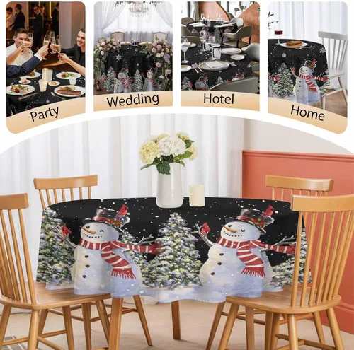 Vista 6 de Mantel redondo negro de Navidad, impermeable y resistente a las manchas, mantel lavable sin arrugas para comedor, fiesta, boda, muñeco de nieve