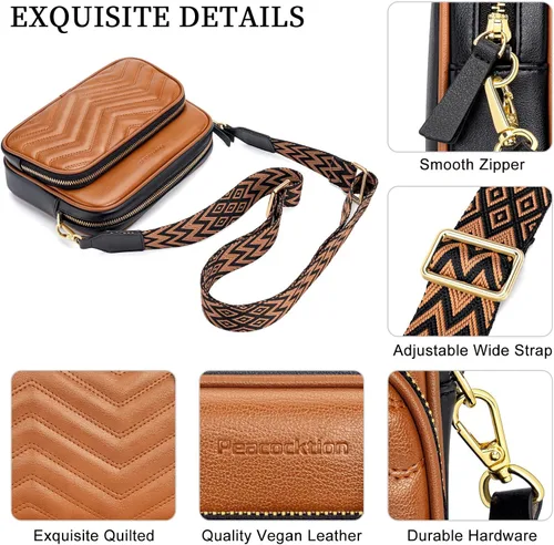 Vista 4 de Peacocktion Crossbody Bags for Women Travel Quilted Vegan Leather Small Cross Body Purses Shoulder Handbags with Wide Strap