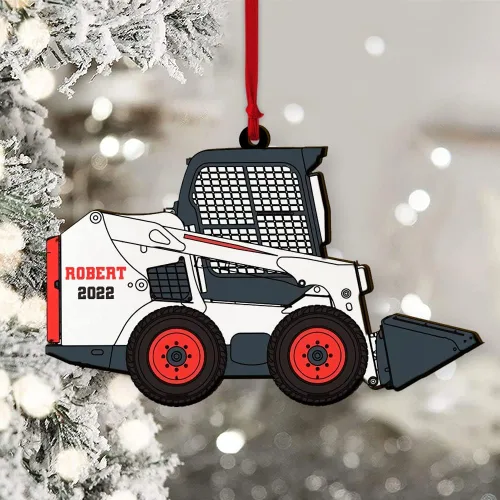 Vista 7 de Adorno de árbol de Navidad con nombre personalizado de madera para camión volquete, camión de transporte, equipo pesado, minicargadora, adorno