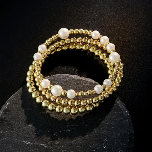 Vista 6 de Pulsera de cuentas de oro para mujer, apilable, chapada en perlas, juego de pulseras elásticas para mujer, a la moda