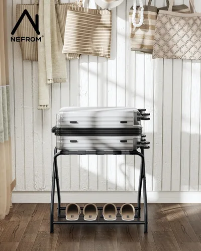 Vista 2 de Portaequipajes, soporte plegable para maleta con estante de almacenamiento, soporte de equipaje de metal para habitación de invitados, dormitorio