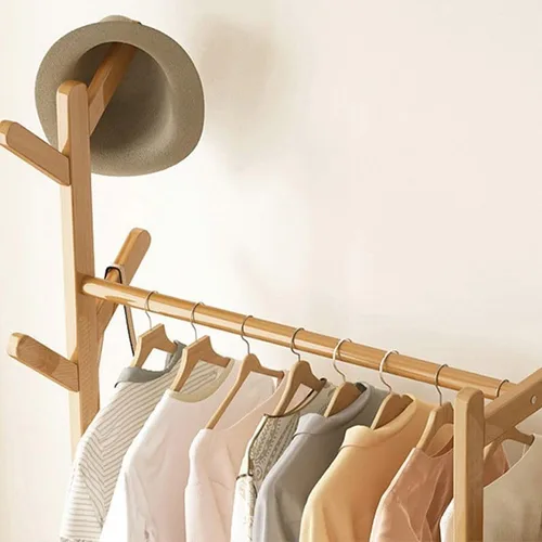 Vista 7 de Perchero de madera para colgar ropa con estantes de almacenamiento para entrada, pasillo, sala de estar