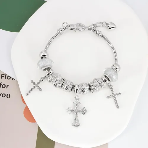 Vista 4 de Pulsera de dije para mujer, con cuentas de cristal y forma de cruz de cristal con circonita cúbica, cadena de serpiente, pulsera de moda con dije