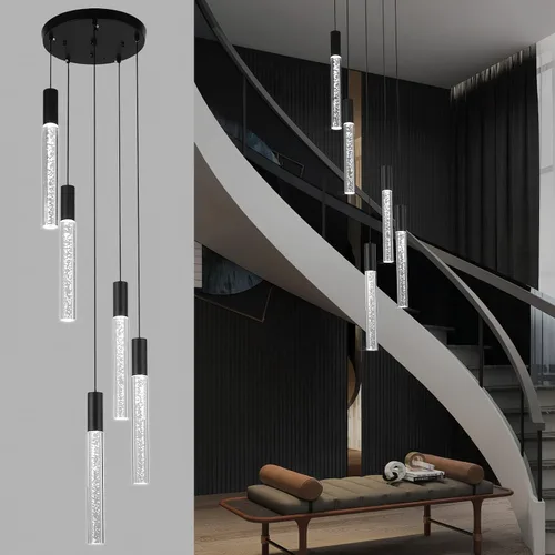 Vista 16 de Moderna lámpara colgante dorada, 1 luz LED colgante de 3 colores, cable acrílico, luces colgantes de techo ajustables para cocina, isla, sala