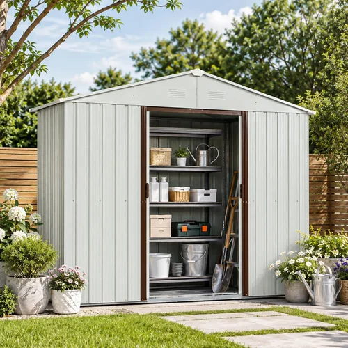Vista 15 de Cobertizo de almacenamiento para exteriores de 6.23 x 4.3 pies con base de metal, puertas correderas y ventanas, protección solar, cobertizo de Gris