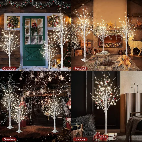 Vista 3 de Hooseng Lámpara de árbol con luz LED, 3 piezas de árbol de abedul con luces, 4 pies, 5 pies y 6 pies para verano, boda, festival, fiesta, jardín